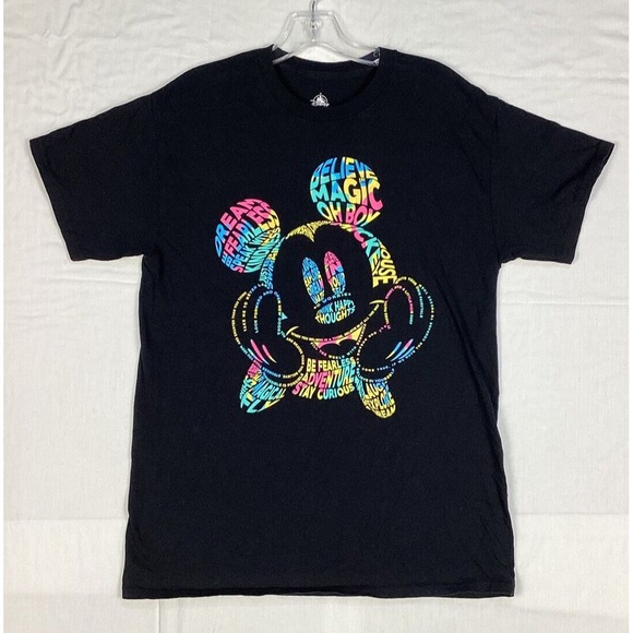 Disney Mickey Mouse Word Art Adult Medium Black T-Shirt Believe‎ In Magic Dream - Picture 1 of 7